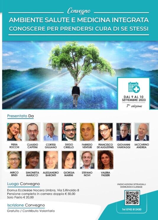 Locandina del convegno Ambiente, salute e medicina integrata, Nocera Umbra 2023, con Diego Ciriello tra i relatori